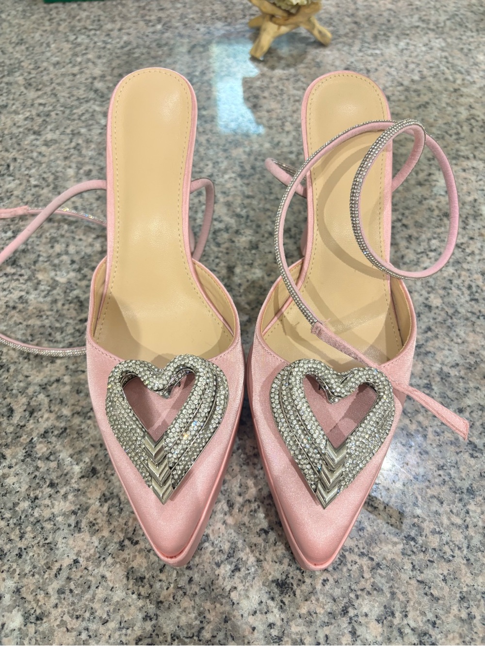 Women's Pink Rhinestone Heart Pointed-Toe Slingback Heels